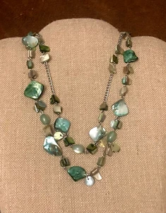 Vintage Green Abalone Shell Beaded Necklace 2 Strand Silver Tone 19"- 22” - Picture 1 of 7
