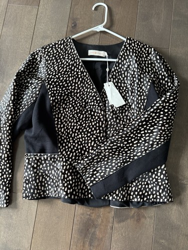 TORY BURCH Imari giacca di pelle di vitello capelli taglia 14 nero bianco foderato peplo