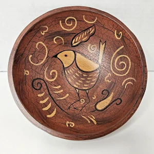 Americana Folk Art Wood Bowl - Hand Painted Bird Primitive Farmhouse Decor - Picture 1 of 8