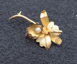 Vintage 18k Yellow Gold Cattleya Orchid Flower Pin Brooch Pearl - Picture 1 of 16