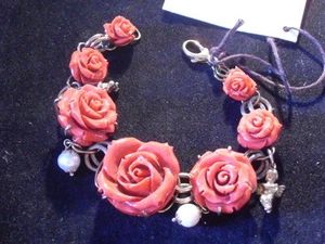 BRACCIALE DONNA ARGENTO DORATO ANTICATO, CORALLO E PERLE. GARANTITO 5 ANNI. B1 - Foto 1 di 1