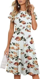 HOMEYEE Women's Short Sleeve Floral Casual A-Line Midi Dress, White, Medium - Picture 1 of 6
