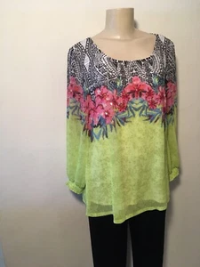 Soft Surroundings Top Embellished Rose Black Print on Chartreuse S EUC - Picture 1 of 7