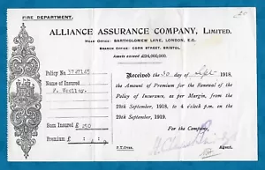 1918 RECEIPT FROM FIRE DEPARTMENT ALLIANCE INSURANCE COMPANY LTD TO F. WOOLLEY - Foto 1 di 2
