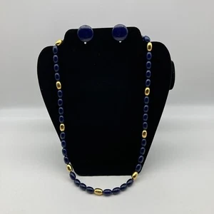 Vintage NAPIER Navy Blue & Gold-Tone Acrylic Bead Necklace and Earring Set - Picture 1 of 10