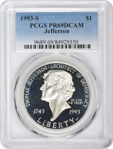 1993-S Jefferson Silver Commemorative Dollar PR69DCAM PCGS Proof 69 Deep Cameo - Picture 1 of 2