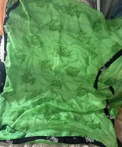 Vintage Lime Green Saree 100% Pure Woven Silk  W/Peacocks Black Border 42X90 - Picture 1 of 5