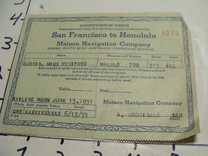 Vintage Travel Paper: ID CHECK PAPER 1931 SAN FRANCISCO to HONOLULU steamer - Picture 1 of 1
