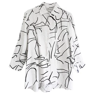 FINLEY Size S 100% Linen Artsy Abstract Black White 3/4 Sleeve Trapeze Top USA - Picture 1 of 5