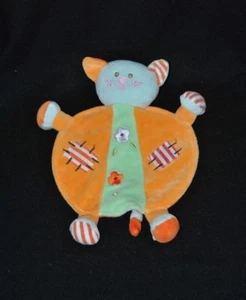 Peluche doudou chat plat AJENA fleurs orange vert grelot NEUF - Picture 1 of 1