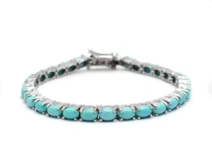 925 Sterling Silver Natural Turquoise Silver Tennis Handmade Women Bracelet - Picture 1 of 3