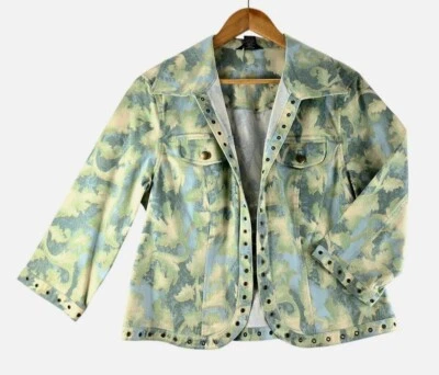 Chaqueta Denim Mangas 3/4 L Múltiples Pastel Azul Verde Latón Acentos Frente Abierto Foto 1 de 4