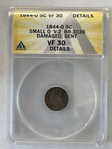 1844-O HALF DIME SMALL O V-2, BR-3036 ANACS VF-30 DETAILS MEDALLIC ALIGN ERROR Cover