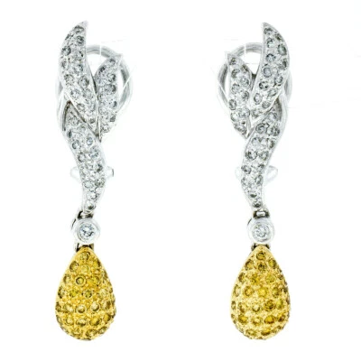 18k Two Tone Gold 1.42ctw White & Yellow Diamond Drop Dangle Omega Back Earrings - Image 1 of 4