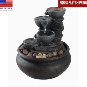LED 4-Tier Tabletop Fountain W/ Faux Stone Finish Tranquil Garden Weatherproof - Picture 1 of 5