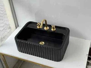 Black Marble Sink with Ribbed Design | Hand-Carved - Picture 1 of 3