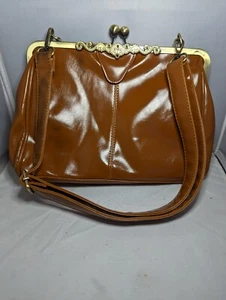 1920 Vintage Bronze Frame KissLock Clasp Bag Purse Faux Cognac Adjustable Strap  - Picture 1 of 11