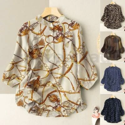 Vintage Womens Blouse Printed 3/4 Sleeve Round Neck Tops Office Floral T Shirts - Image 1 of 4