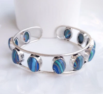 Rainbow Calsilica Multi Stone Silver Plated Healing Crystal Adjustable Bangle - Image 1 of 4