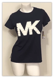 NWT MICHAEL KORS TRUE NAVY EMBELLISHED LOGO TEE SIZE PETITE MEDIUM MSRP $78.00 - Picture 1 of 4