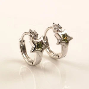 9ct White Gold Filled Star Pale Green Clear CZ Zirconia Huggie Hoop Earrings UK - Picture 1 of 4