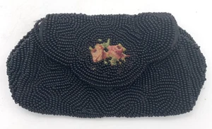 Cartera Schildkraut vintage hecha en Japón a mano apliques de flores con cuentas negras - Imagen 1 de 5