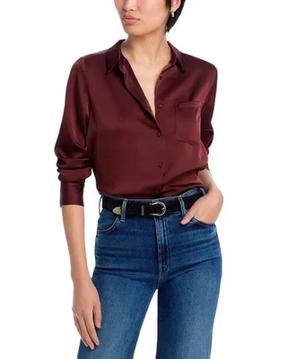 AQUA Satin Button Front Blouse Dark Cherry Size XXS NWT $78 – Chic Office Style - Image 1 of 4
