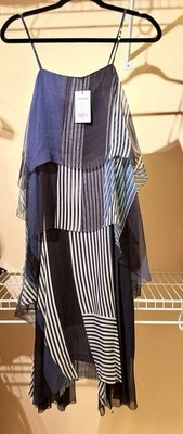 Jason Wu Silk Asymmetric Sleeveless Dress Multi Blue Strip Pattern, NWT, Size 0 - Image 1 of 4