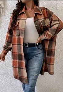 New XL Women’s Copper Brown Plaid Flannel Shacket Mid Length - Picture 1 of 3