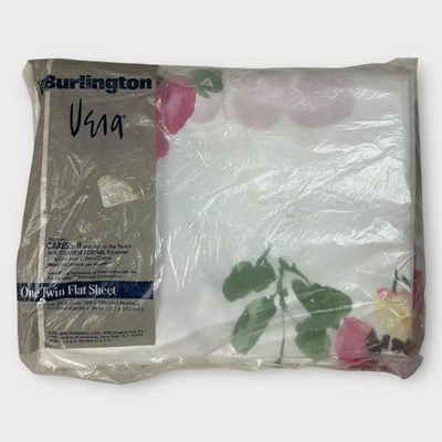 NEW! VTG Vera Neumann for Burlington 1 Twin Flat Sheet White Pink Floral Pansies - Image 1 of 4