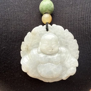 Chinese White Jadeite Carved Buddha Pendant On Cord Smiling Buddha - Picture 1 of 16