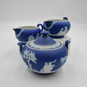 Antique Wedgwood Blue Jasperware Cobalt Cream And Sugar Canisters - Picture 1 of 20