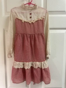 Vtg Strawberry Prairie Dress Long Gingham Lace Beige Red 70s High Neck FLAW 4 - Picture 1 of 5