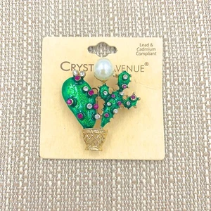 Grüne Emaille Kaktus Brosche mit Perlen & Kristallen - Anstecknadel (1,5 x 1,5 Zoll) - Bild 1 von 2