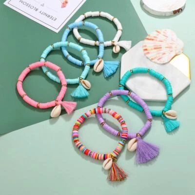 Tassel Shell Charms Bracelet Bohemia Rubber Beaded Bracelets Women's Jewelry 1pc — 第 1/4 张图片