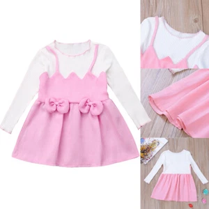 Infant Baby Girls Outfits Long Sleeve Patchwork Dress Romper Bow Skirts Clothes - Picture 1 of 9