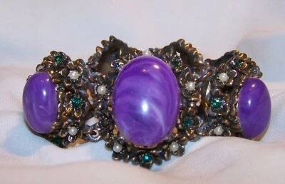 Винтажный браслет-кабахон с фиолетово-зеленым жемчугом RS антикварная золотая бижутерия Tn-Estate - Изображение 1 из 4