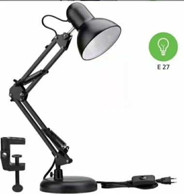Lampada da Tavolo Scrivania Braccio Girevole Snodabile Morsetto e Base E27 - Immagine 1 di 4