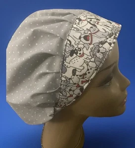 Bouffant medical Scrub Hat Cap Dog Print Border With Gray White Body - Picture 1 of 6