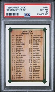 1989 UPPER DECK #694 CHECKLIST #1-100 KEN GRIFFEY ROOKIE #1 PSA 10 Rare Pop 29 ! - Picture 1 of 4