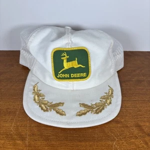 Vintage 1980s White John Deere Patch Snapback Trucker Hat Mesh Cap Embroidered - Picture 1 of 6