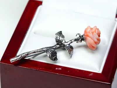 925 Argento - Spilla Vintage - Corallo Naturale - Intaglio - Immagine 1 di 4