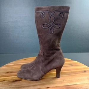 Enzo Di Siena Boots Womens Sz 7 Brown Suede Leather Embroidered Heeled Italy - Picture 1 of 13