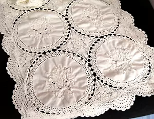 Vintage Crocheted Embroidered Doily Table Runner 15" x 47.5" Tone on Tone - Picture 1 of 3