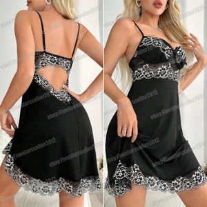 Women Sexy Nightgown Silk Contrast Lace Cami Pajama Nightdress Babydoll Lingerie - Picture 1 of 23