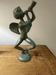 Solid Brass 8”+ Boy Angel Musician Figurine Playing Horn On Solid Round Base - Picture 1 of 4