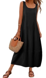 MEROKEETY Womens Maxi Sundress M Scoop Neck Sleeveless Black Beach Dress 2025 - Picture 1 of 3