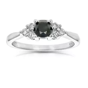 Anillo de 3 piedras de diamantes blanco y negro 0,70 cttw oro blanco 10 K para novia talla 7 - Imagen 1 de 10