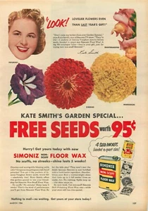 Kate Smith 1954, Simoniz cera de piso sin rasguños con semillas anuncio impreso vintage - Imagen 1 de 1