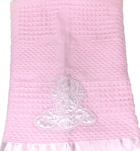 Benedici questo bambino angelo orsacchiotto rosa bambina coperta waffle tessuto bordo raso - Foto 1 di 6